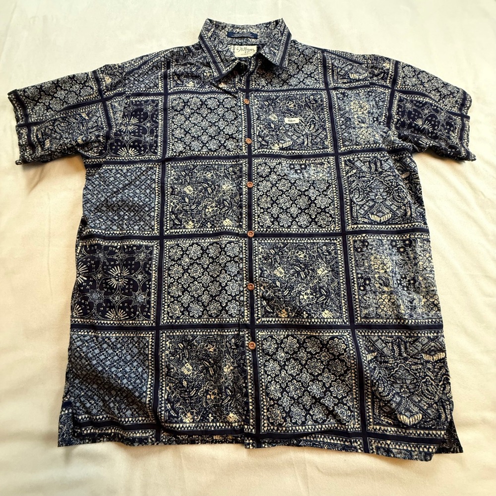 Hilfiger Surf Co. Mens L‎ Blue Paisley Patchwork Button Up Short Sleeve Shirt